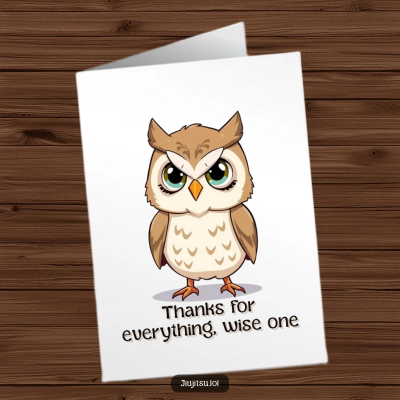 Funny Free Printable Thank You Card: Stoic owl character attempting a takedown simulation, showing thanks humorously.