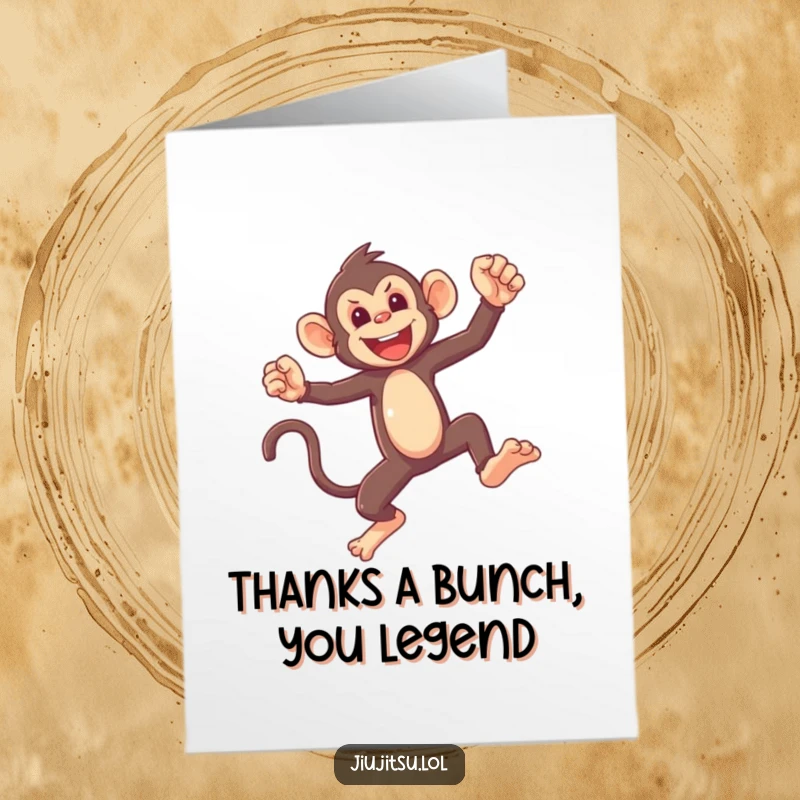 Funny Free Printable Thank You Card: Mischievous monkey in a playful sparring stance, expressing thanks humorously.
