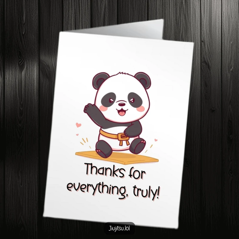 Funny Free Printable Thank You Card: A determined panda with a small belt rolls into a playful mat sweep, sending thanks.
