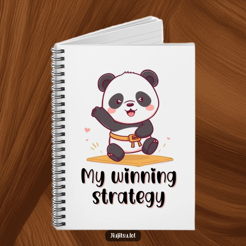 Funny Panda Belt Notebook featuring a determined panda in a belt rolling into a mat sweep, great for notes and a funny gift.