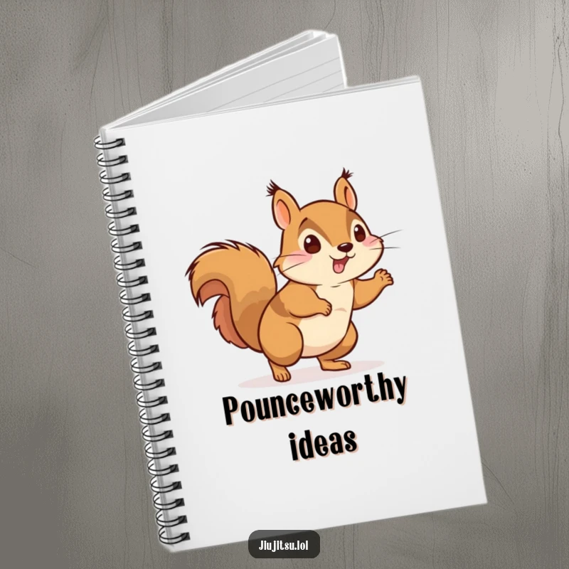 Funny Energetic Squirrel Judo Notebook: An illustration of a dynamic squirrel in judo attire mid-pounce, perfect for notes and funny gifts.