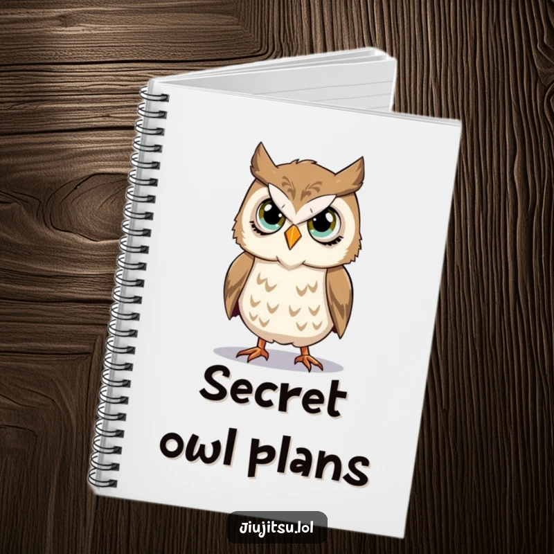 Funny Owl Takedown Notebook featuring a stoic owl with earnest eyes attempting a takedown, ideal for note-taking with focused humor.
