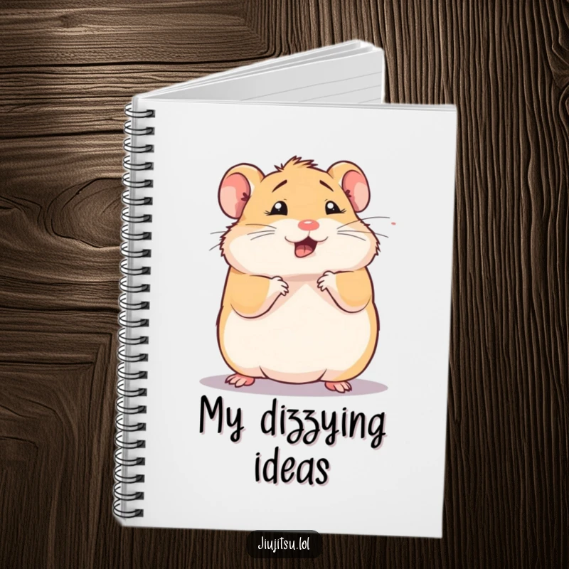 Funny hamster notebook, squishy animal performing a comical defensive roll, looking dizzy, ideal for note-taking and funny gifts.