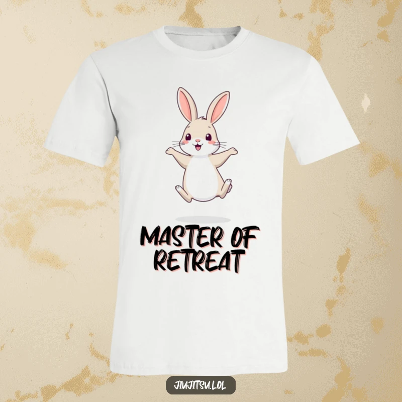 Funny Rabbit T-Shirt: A shy rabbit balancing on hind legs, practicing a funny retreat, looking endearingly awkward.