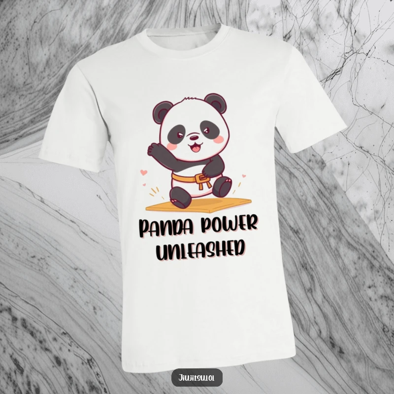Funny Panda Belt T-Shirt showing a determined panda in a belt doing a mat sweep, great for fighters and a funny gift.