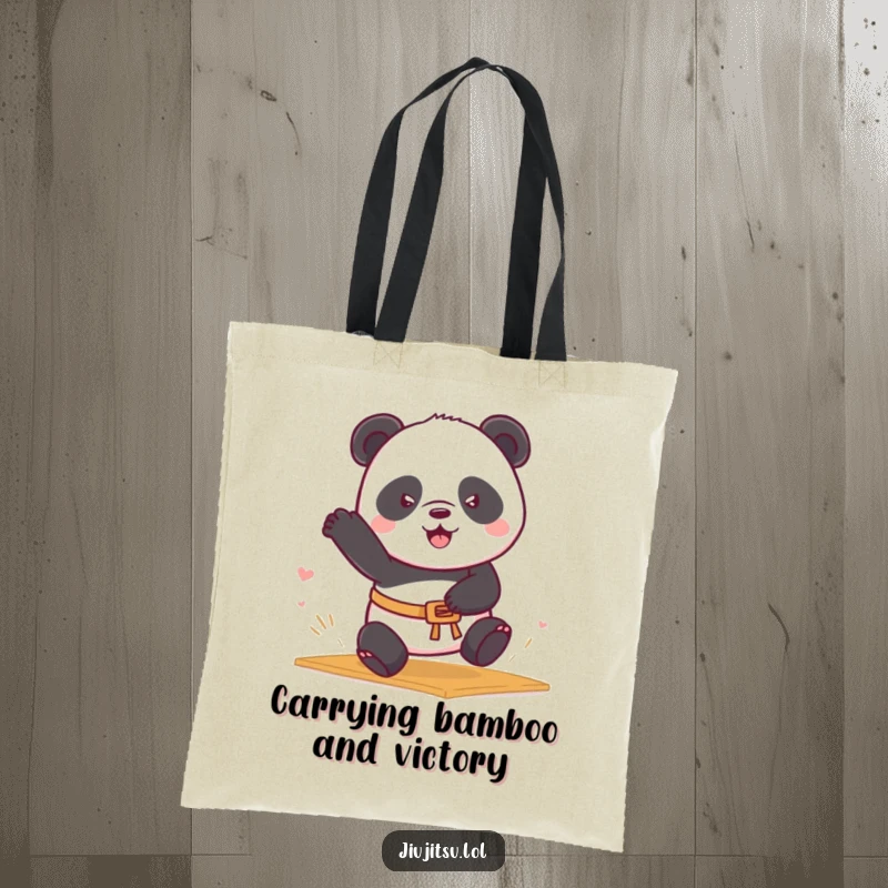 Funny Panda Belt Tote Bag with a determined panda in a belt rolling into a mat sweep, great for gym and a funny gift.