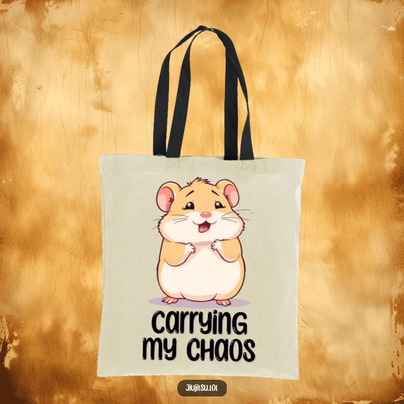 Funny hamster tote bag, squishy animal in a comical defensive roll, looking dizzy, perfect for carrying essentials and funny gifts.