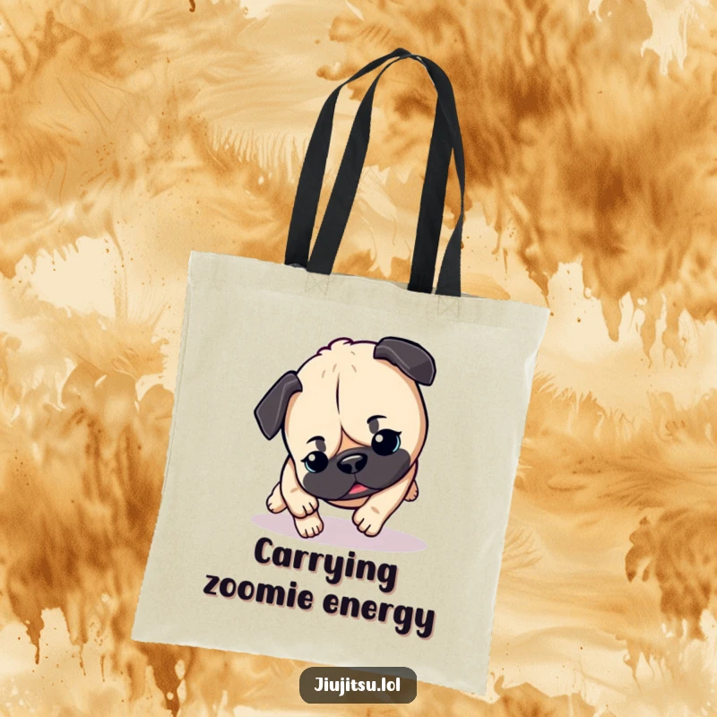 Funny Pug Tote Bag: A cute, energetic pug captured in a dynamic pouncing pose, ready for action and bringing smiles.